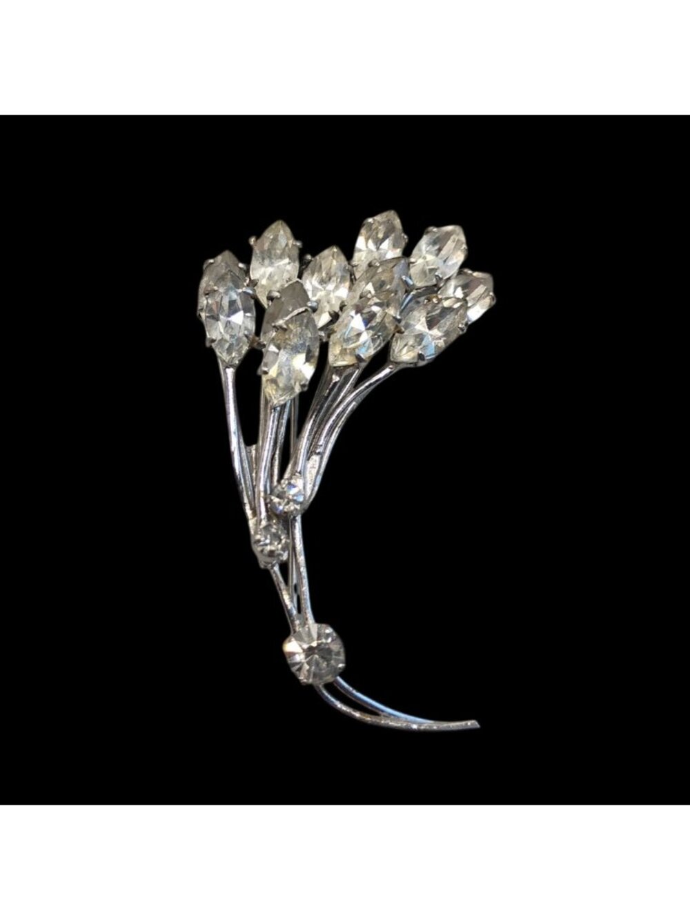 Vintage Austrian Prong Set Navette Rhinestone Flower Bouquet Brooch Pin